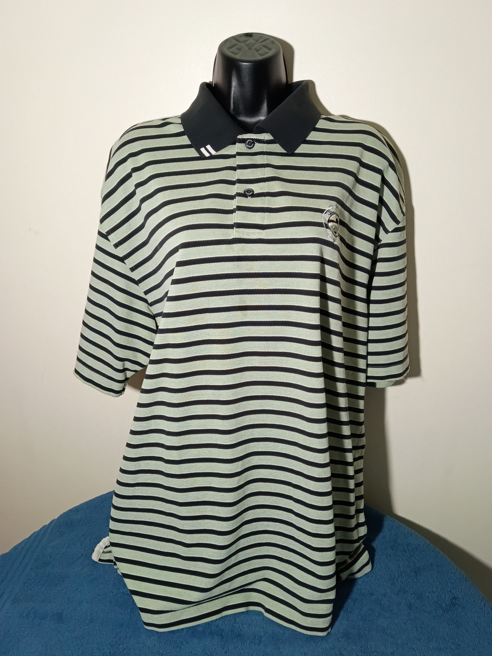 Vintage Ashworth Men's Striped Polo Shirt - Black & Light Green Size XL